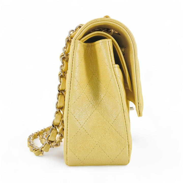 Chanel Mustard Quilted Caviar Small Classic Double Flap Pale Gold Hardware (Very Good), Womens Handbag