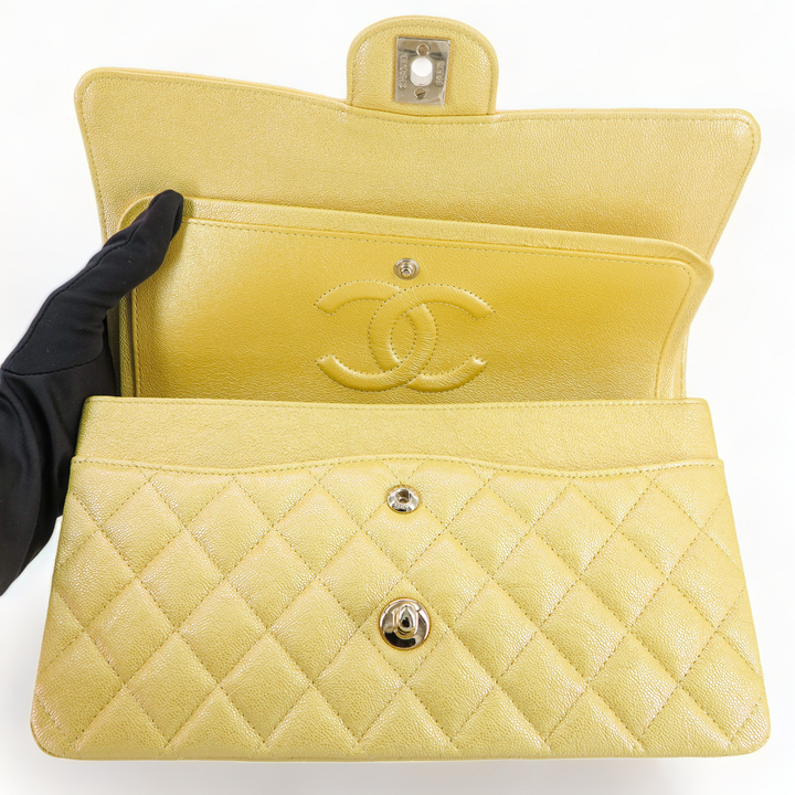 CHANEL 19S Iridescent Yellow Caviar Medium Classic Double Flap Bag - Dearluxe.com