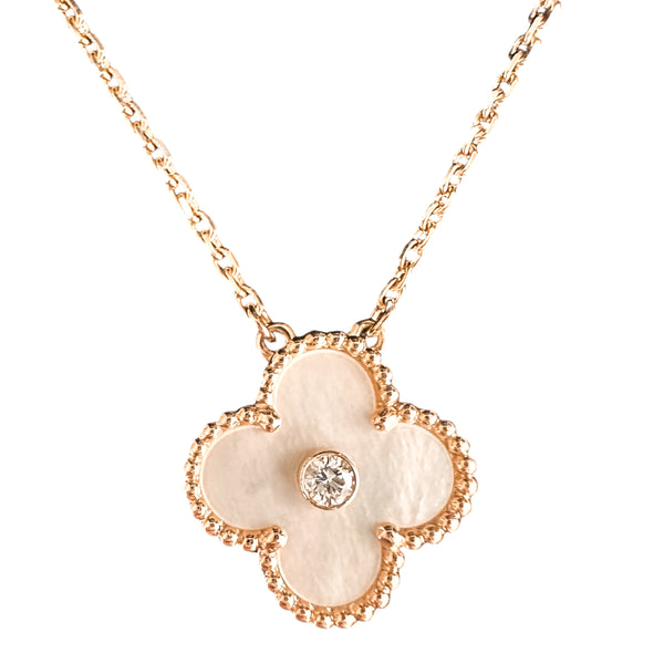 VAN CLEEF & ARPELS 2012 White Mother-of-Pearl Vintage Alhambra Diamond Holiday Pendant Necklace - Dearluxe.com