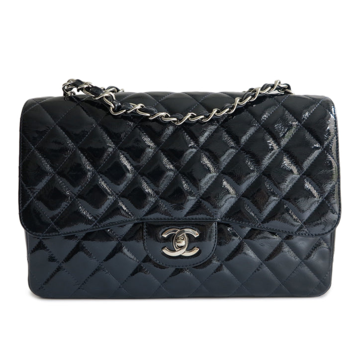 CHANEL Jumbo Classic Single Flap Bag in Navy Crinkled Patent Leather - Dearluxe.com