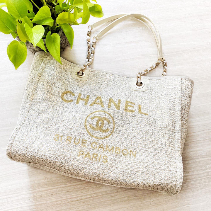 Chanel Medium Deauville Tote Navy Glitter Canvas Gold Hardware – Coco  Approved Studio