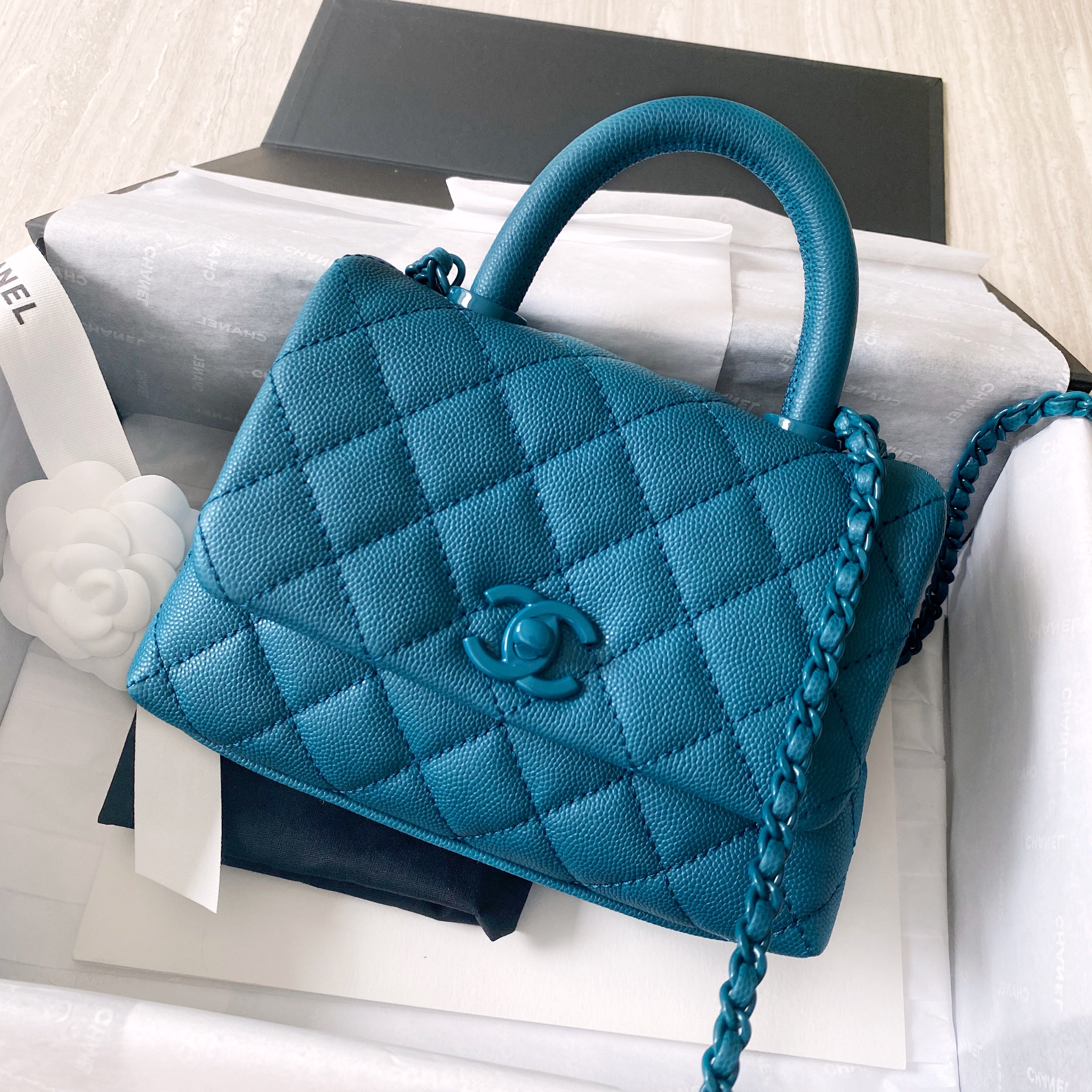 Extra Mini Coco Handle Flap Bag in Turquoise Caviar | Dearluxe
