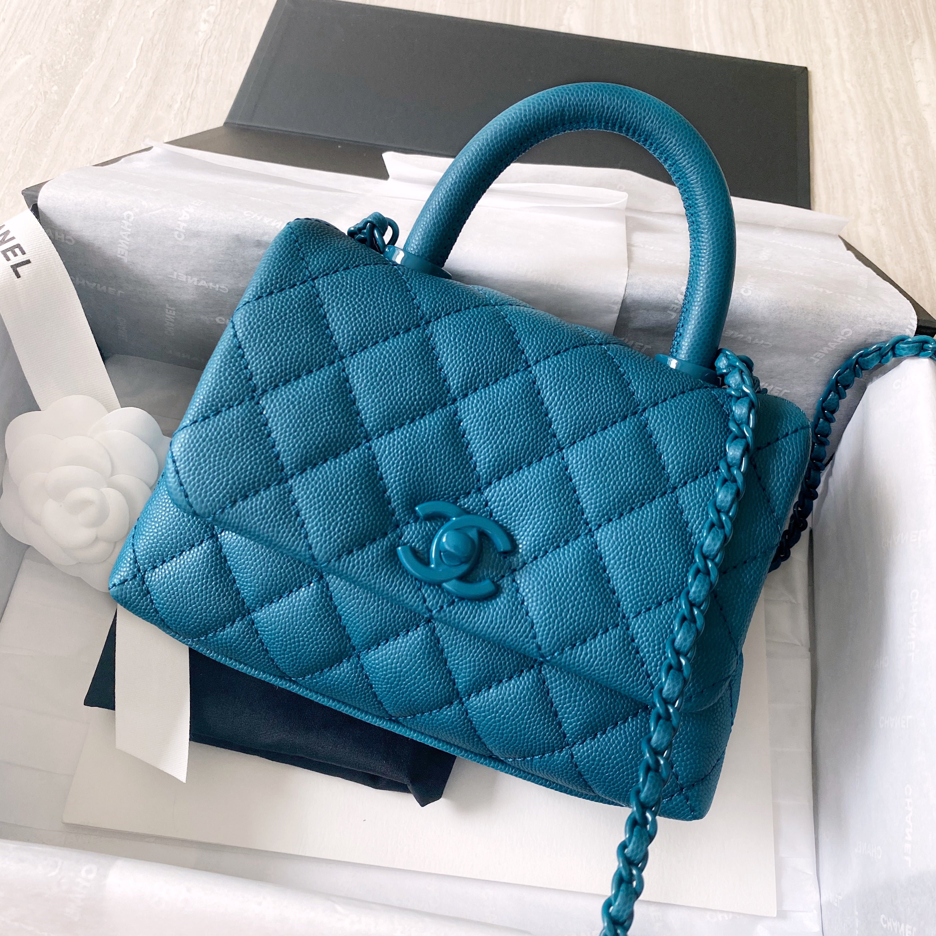 Extra Mini Coco Handle Flap Bag in Turquoise Caviar