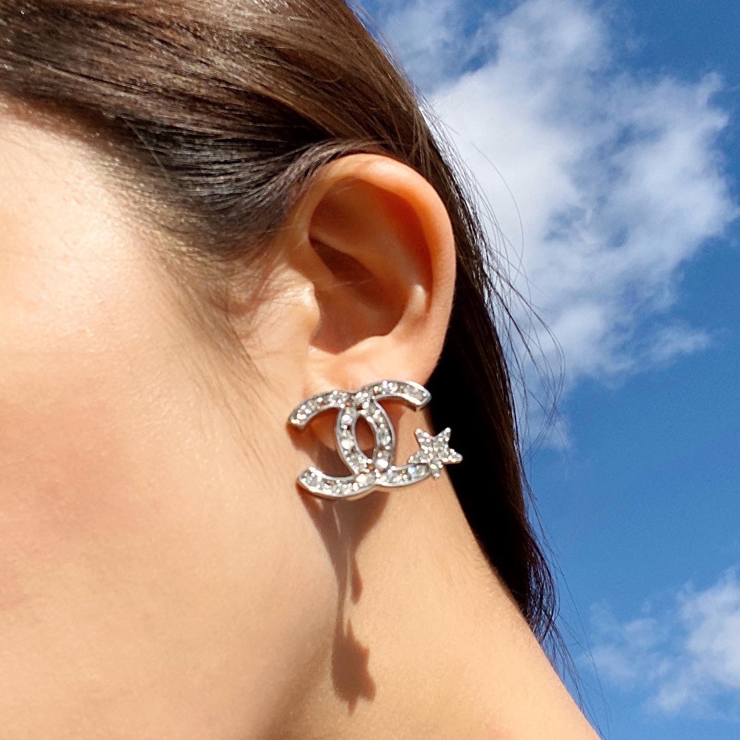 CHANEL Star Crystal CC Logo Large Earrings | Dearluxe