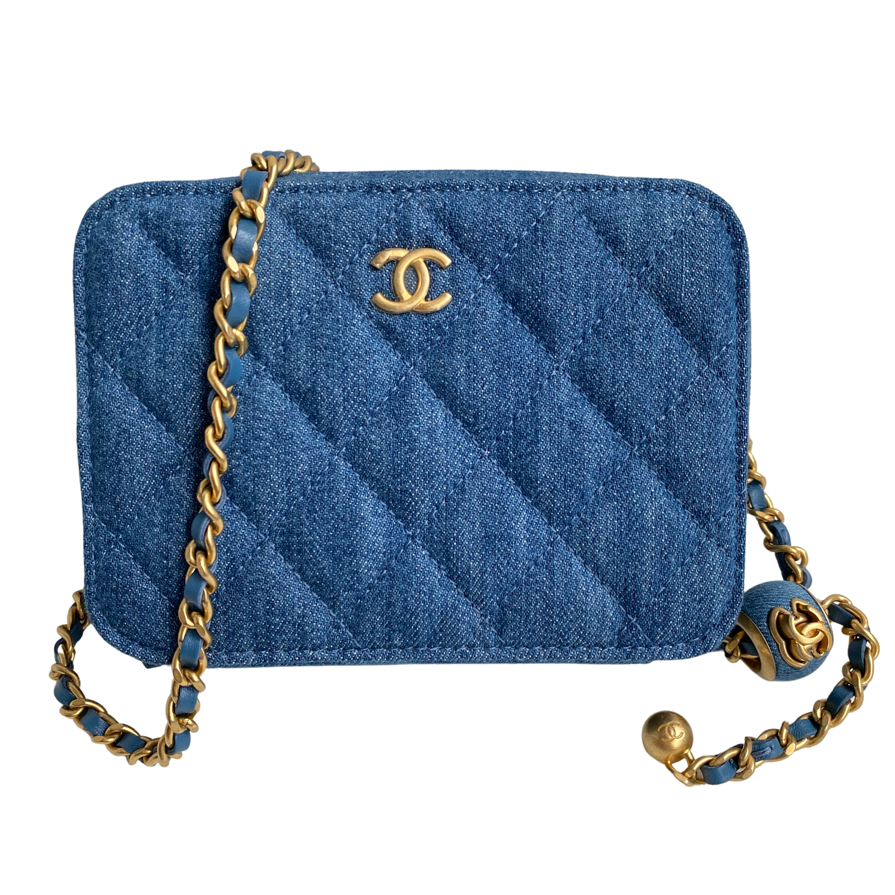 Chanel Pearl Crush Zip Around Vanity Case with Chain Quilted Denim Mini  Blue 22175216