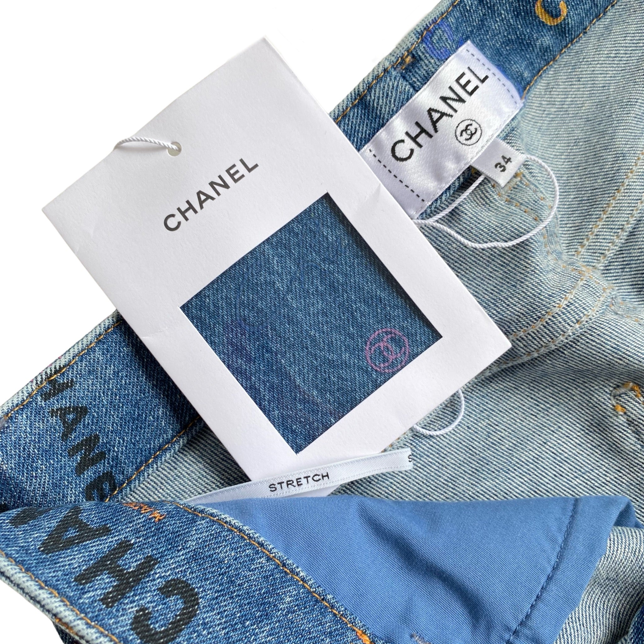 CHANEL 22P Blue & Multicolour CHANEL Printed Stretch Denim Sz 34