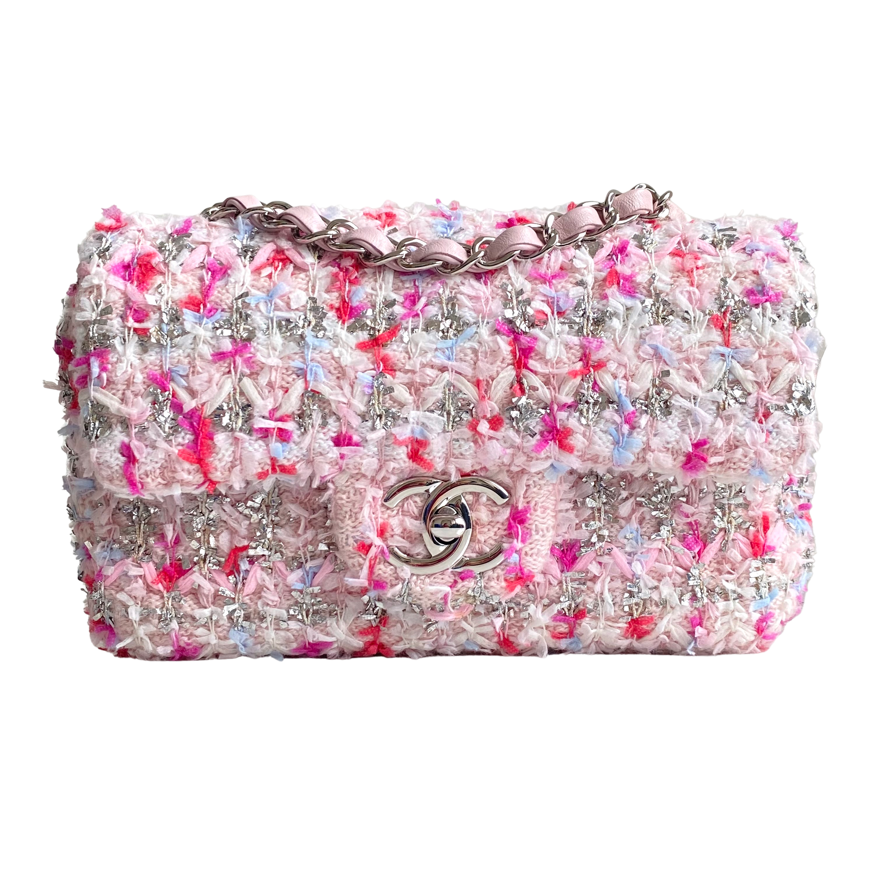 CHANEL 18S Pink Glitter Tweed Mini Flap Bag