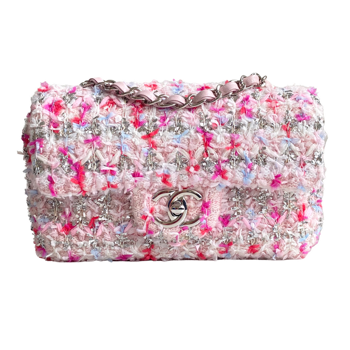 CHANEL 18S Lilac Glitter Tweed Mini Flap Bag