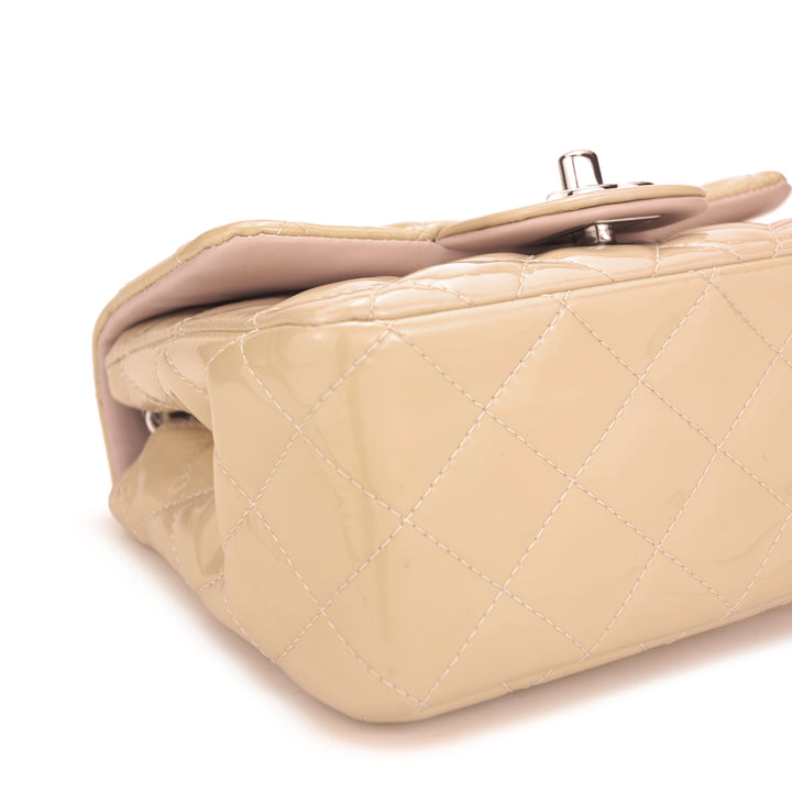 Classic Mini Square Flap Bag in Beige Patent Leather
