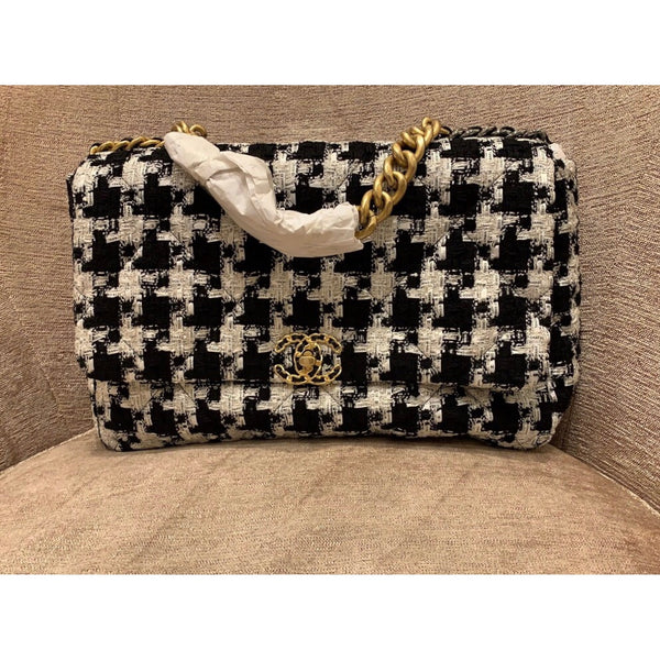 Chanel 21P Small Navy Multicolor Tweed Houndstooth Ribbon 19 Flap