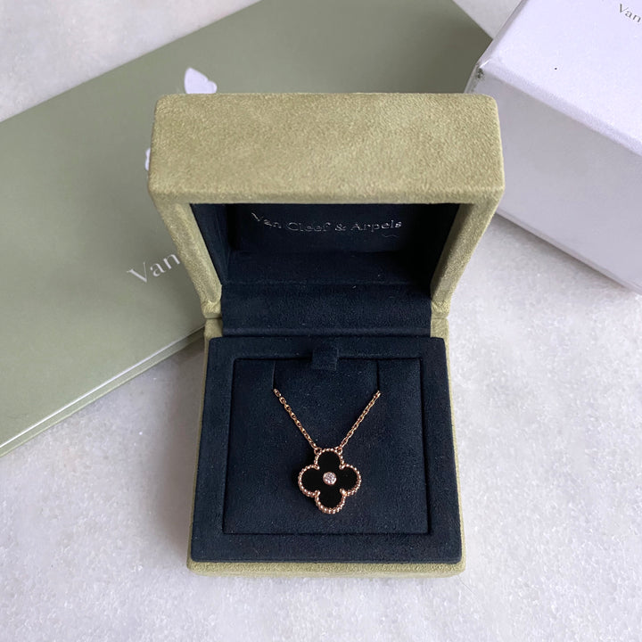 VAN CLEEF & ARPELS Vintage Alhambra 2016 Holiday Diamond Pendant Necklace in Onyx 18k Pink Gold - Dearluxe.com