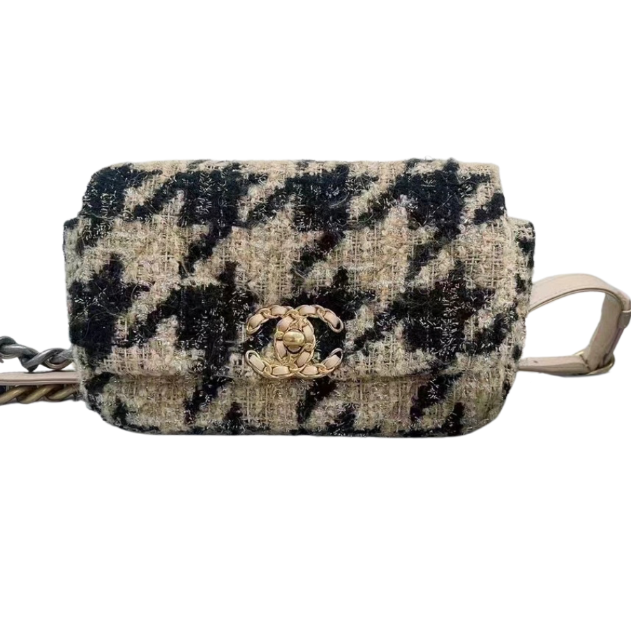 Chanel 19 Small Houndstooth Beige Tweed Flap Bag