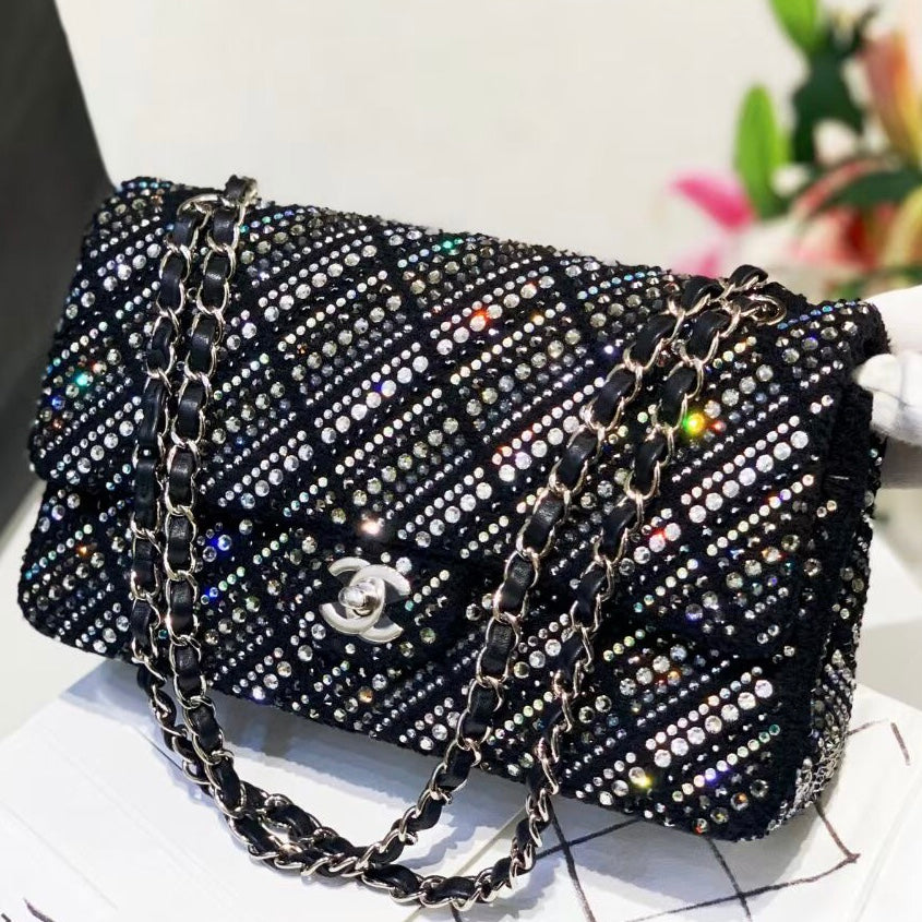 Chanel Strass Swarovski Crystal Medium Classic Double Flap Bag in Black Tweed | Dearluxe