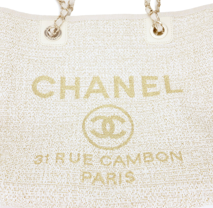 CHANEL Small Glitter Deauville Tote Bag in Beige Canvas