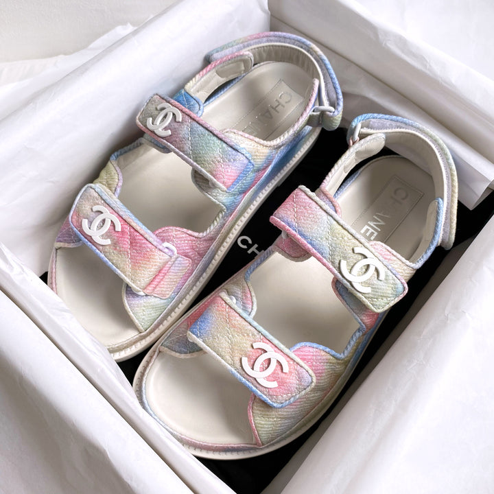 CHANEL 22C Pastel Rainbow Fabric CC 'Dad' Velcro Sandals Sz38