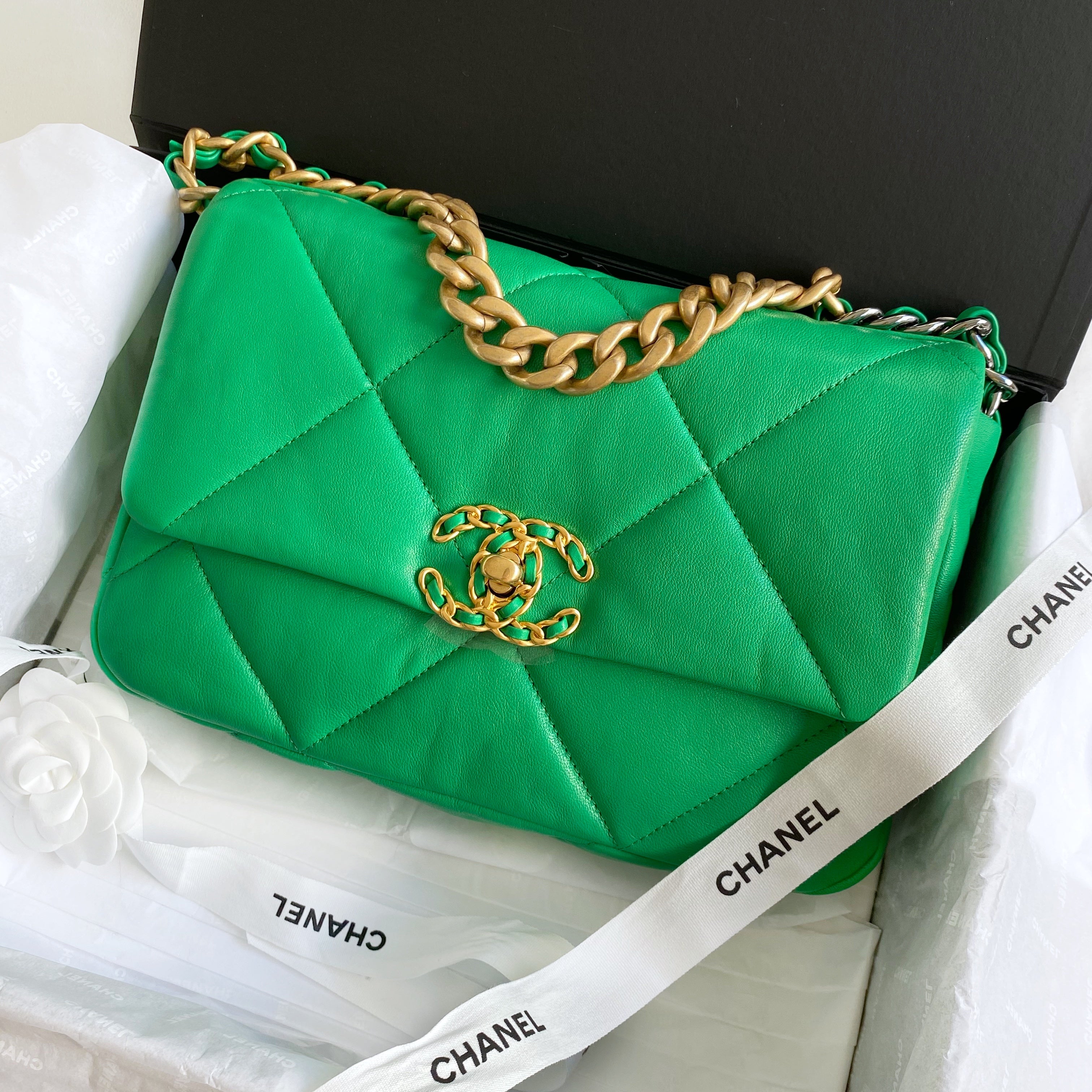 Chanel Large 19 flap bag green lambskin ruthenium hardware 20C new