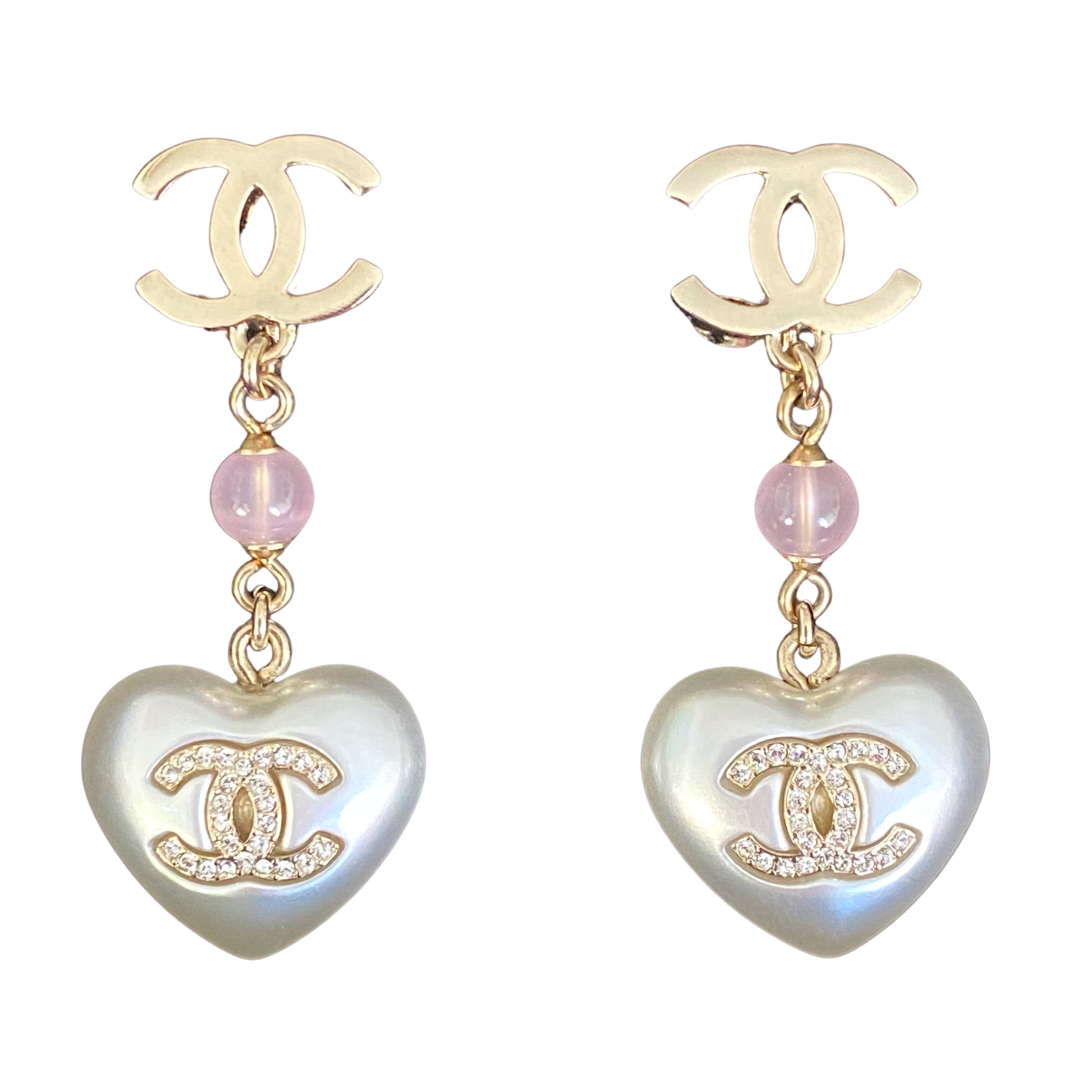 21B Heart Pearl Crystal CC Logo Dangle Earrings