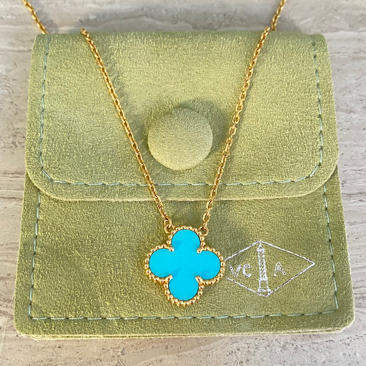 VAN CLEEF & ARPELS Vintage Alhambra Pendant Necklace in 18k Yellow Gold Turquoise - Dearluxe.com