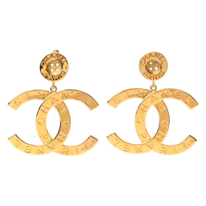CHANEL Gold Metal Button Oversized CC Logo Dangle Earrings