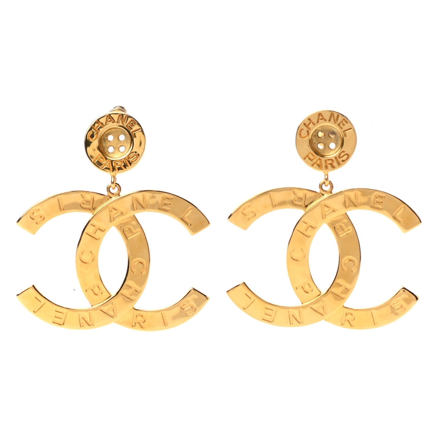 CHANEL Gold Metal Button Oversized CC Logo Earrings | Dearluxe