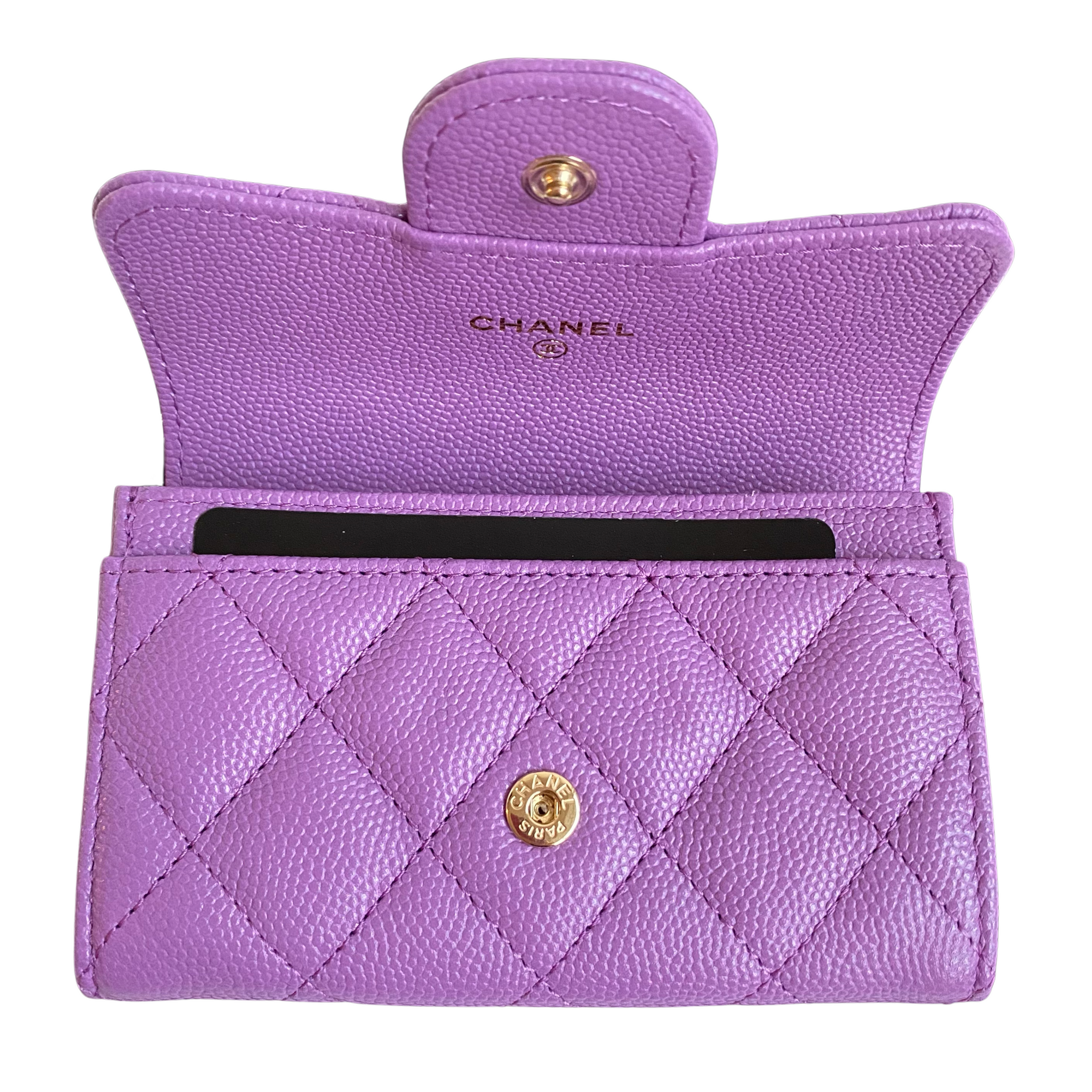 Chanel Quilted Classic Lilac Rose Clair Caviar Gold Hardware Flat Card   Coco Approved Studio