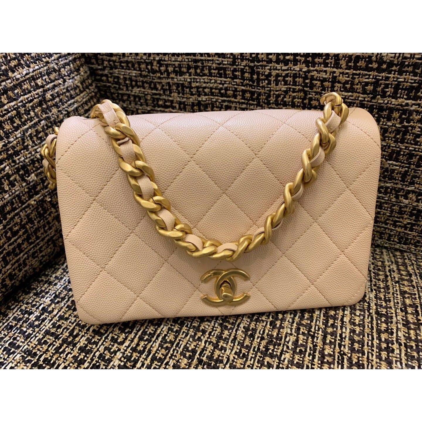 CHANEL 20A Fashion Therapy Small Flap Bag in Rose Clair Caviar GHW