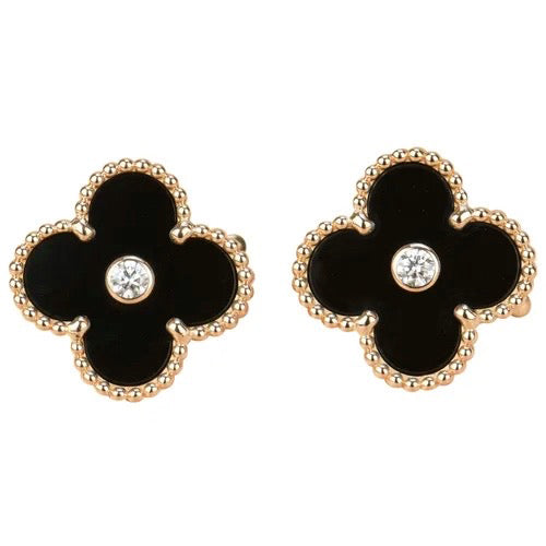 Vintage Alhambra Onyx Diamond Limited Edition Earrings 18k Pink Gold