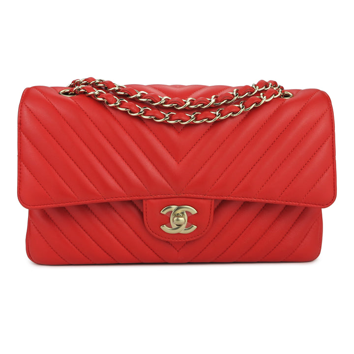 CHANEL Medium Classic Double Flap Bag in Chevron Red Lambskin - Dearluxe.com