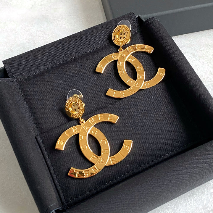 Gold Metal Button Oversized CC Logo Dangle Earrings