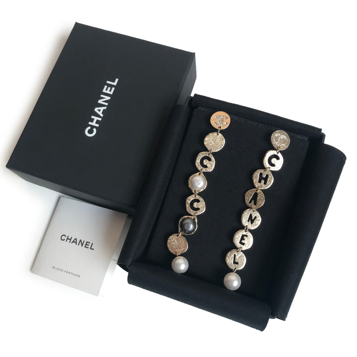 19A Egypt Coco Chanel Cutout Crystal Pearl Long Drop Earrings