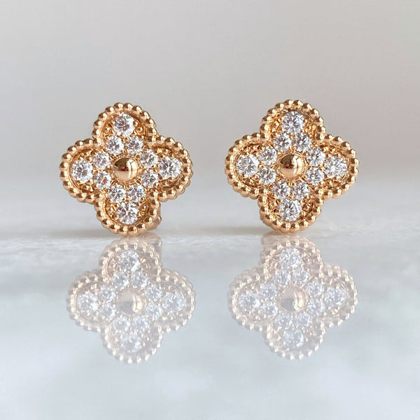 Vintage Alhambra Pavé Diamond Stud Earrings 18k Pink Gold
