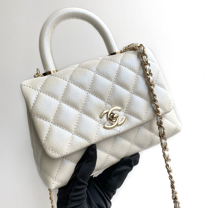 CHANEL Extra Mini Coco Handle Flap Bag in 20K Iridescent White