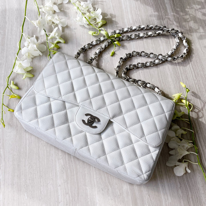 Chanel White Caviar Leather Jumbo Classic Single Flap Bag GHW For