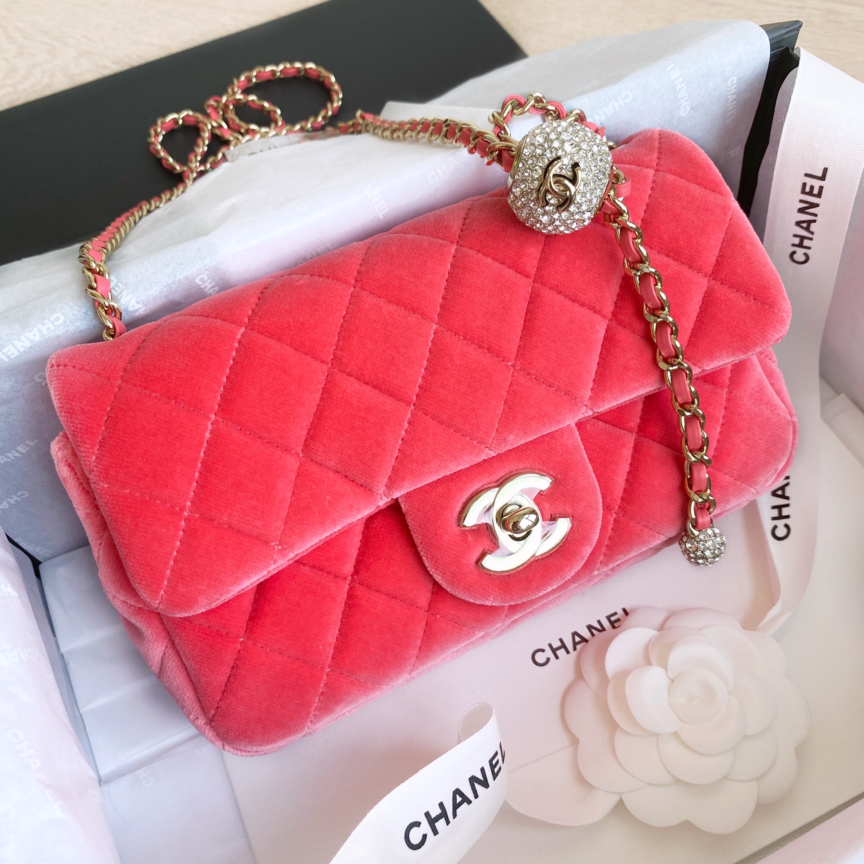 Pearl Crush Crystal Ball Mini Rectangular Flap Bag in Coral Velvet
