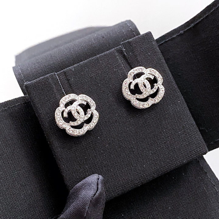 CHANEL Crystal CC Logo Camellia Stud Earrings | Dearluxe