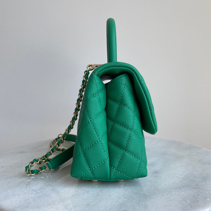 Mini Coco Handle Flap Bag in Green Caviar