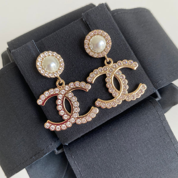 Chanel CC Drop Earrings Crystal Pearl Silver in Resin Pearl with