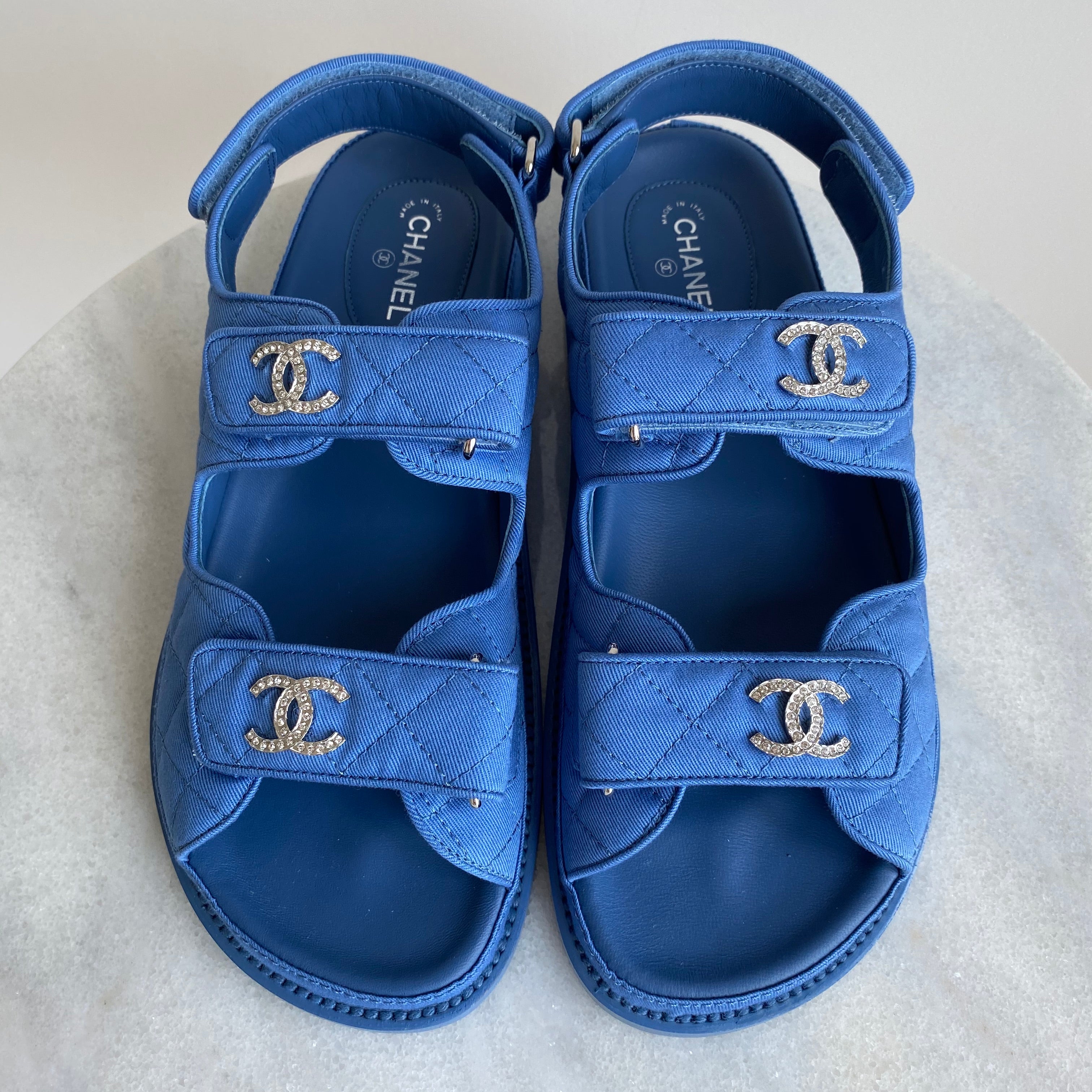 CHANEL Blue Fabric Crystal CC 'Dad' Velcro Sandals sz 38