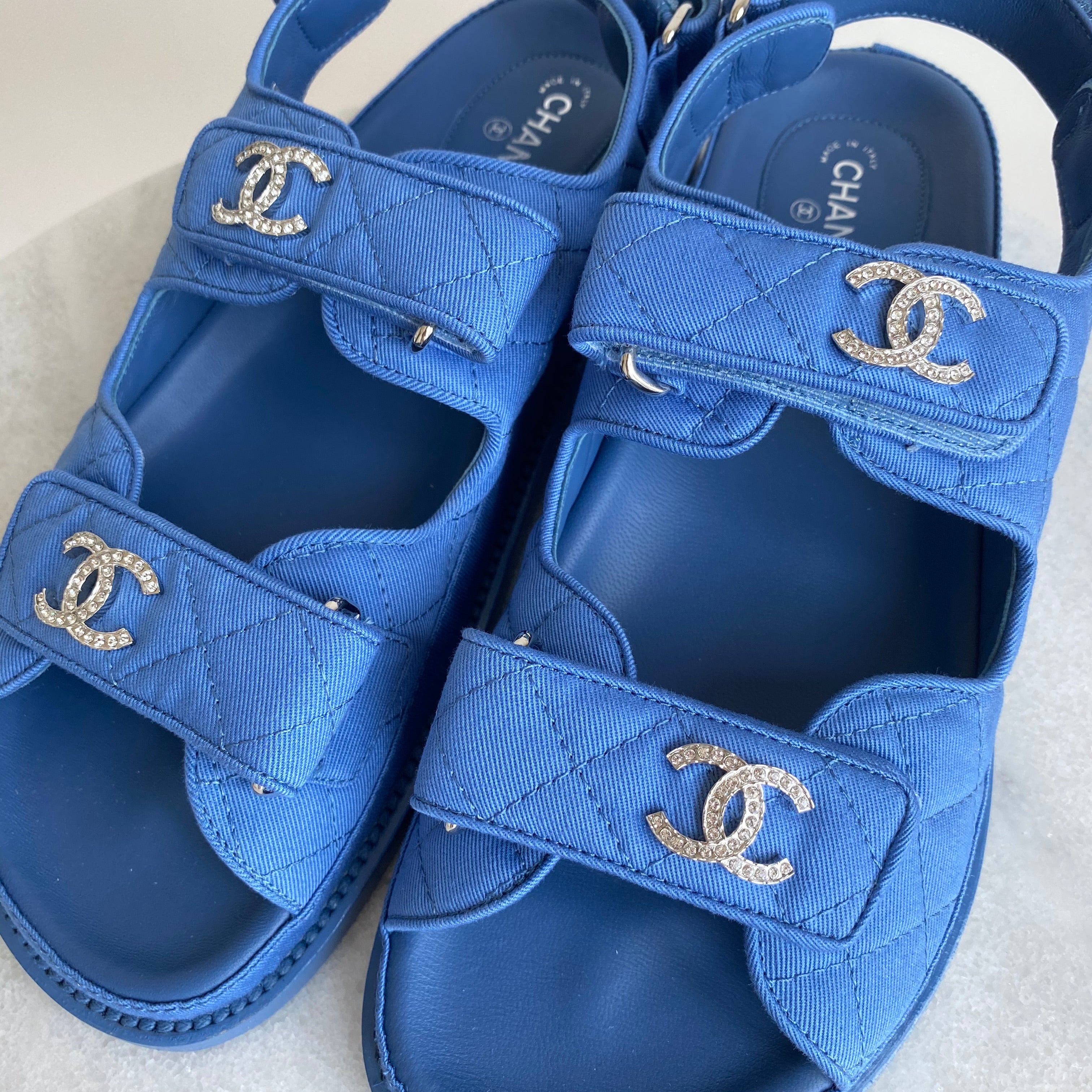 CHANEL Blue Fabric Crystal CC Dad Velcro Sandals sz 38 Dearluxe