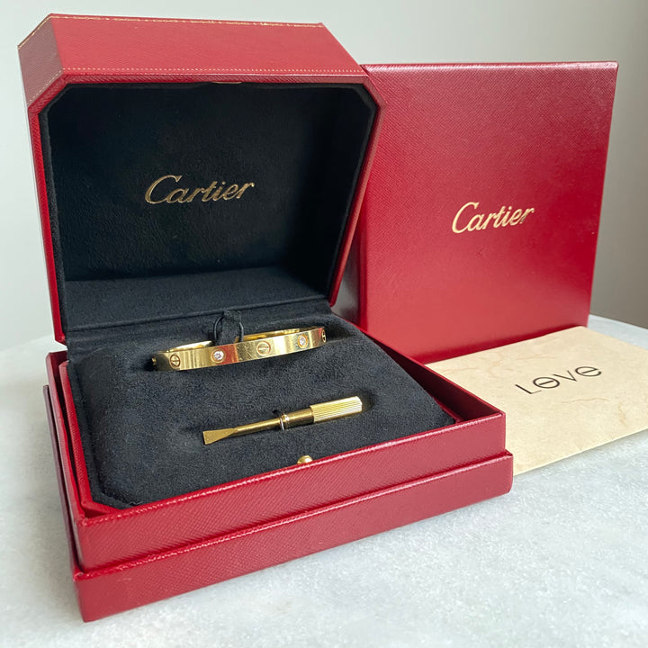 CARTIER Love Bracelet 4 Diamonds in 18k Yellow Gold Sz 17 - Dearluxe.com