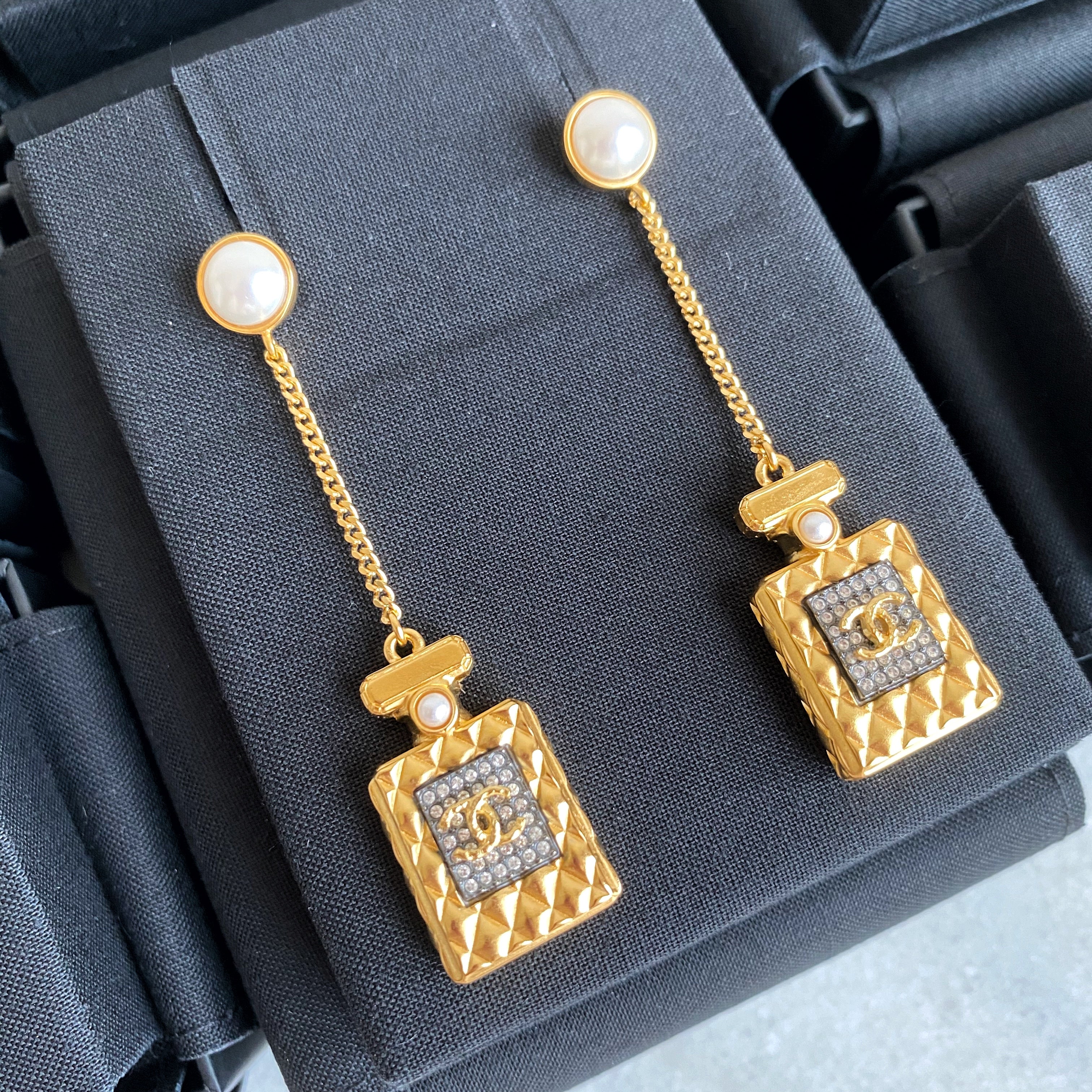 CHANEL NEW CC Gold Ball Crystal Pearl Evening Dangle Drop Earrings in Box  For Sale at 1stDibs