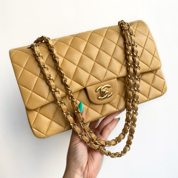 Chanel Beige Lambskin Classic Double Flap Bag Medium — Elegante Finds