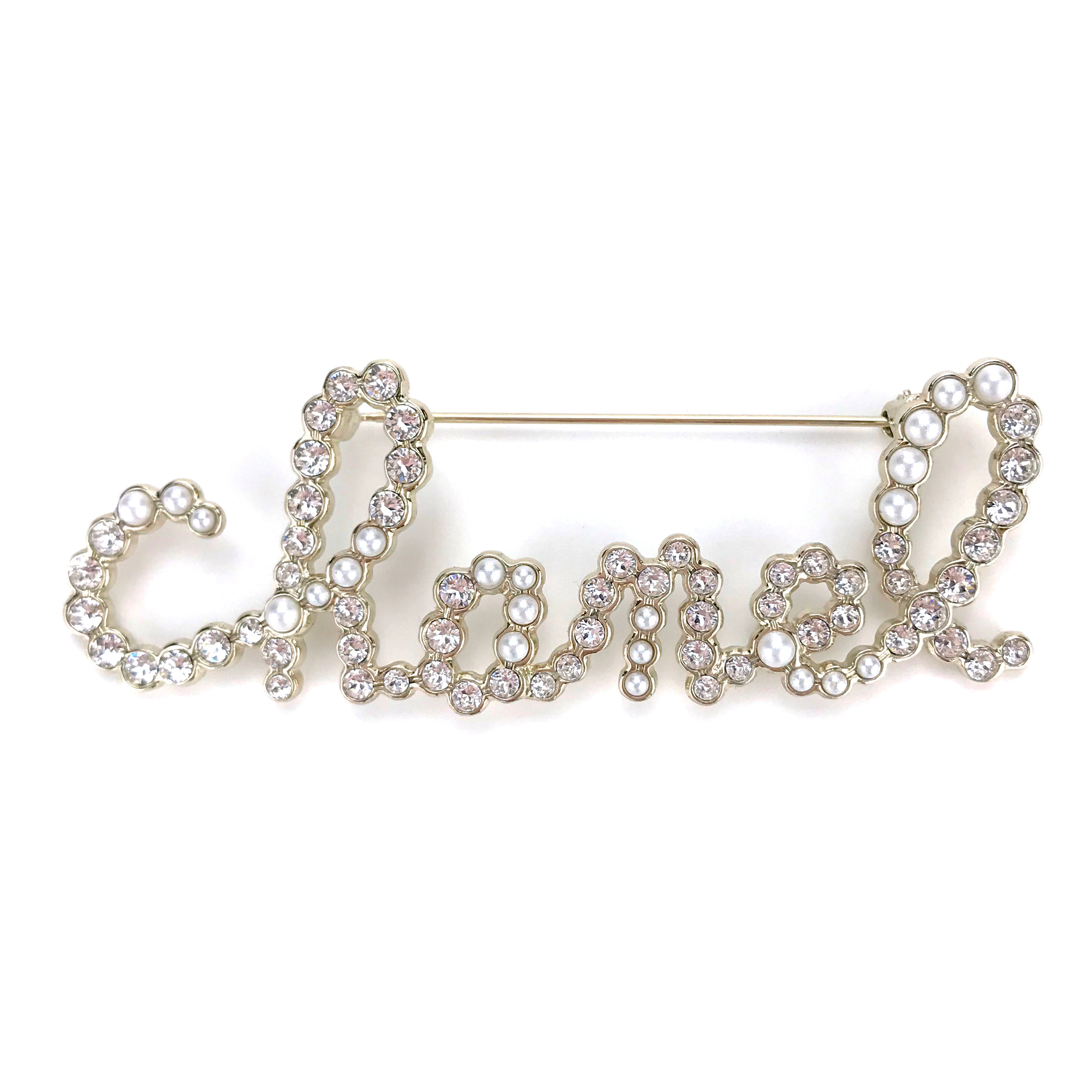 Scripted Chanel Crystal Pearl Brooch Pin