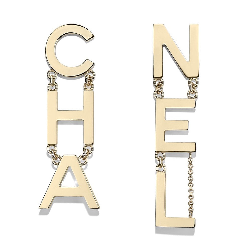 CHANEL Metal CHA-NEL Letter Logo Statement Dangle Earrings