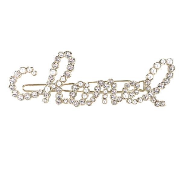 CHANEL Scripted "Chanel" Crystal Pearl Hair Clip Barette - Dearluxe.com