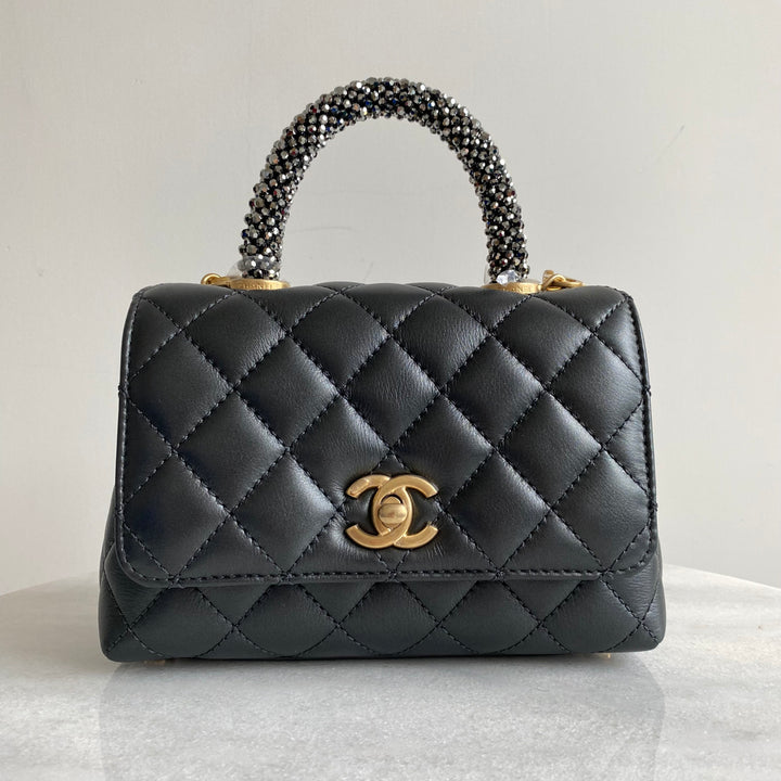 CHANEL 21A Strass Handle Charcoal Caffskin Extra Mini Coco Handle Flap Bag - Dearluxe.com