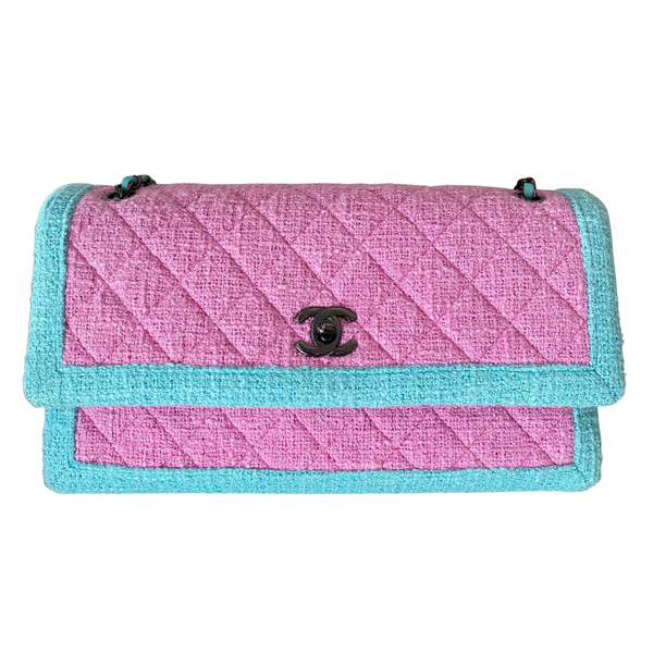 CHANEL 16C Pink Turquoise Tweed East West Flap Bag - Dearluxe.com