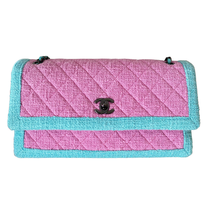 Chanel 16C Pink Turquoise Tweed East West Flap Bag | Dearluxe