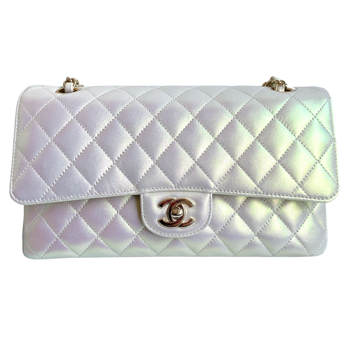 Chanel Medium Classic Double Flap Bag Pink Iridescent Lambskin Silver  Hardware
