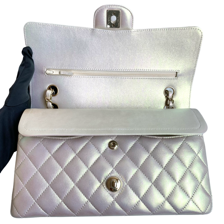 Chanel Medium Classic Double Flap Bag Blue Iridescent Lambskin Silver  Hardware